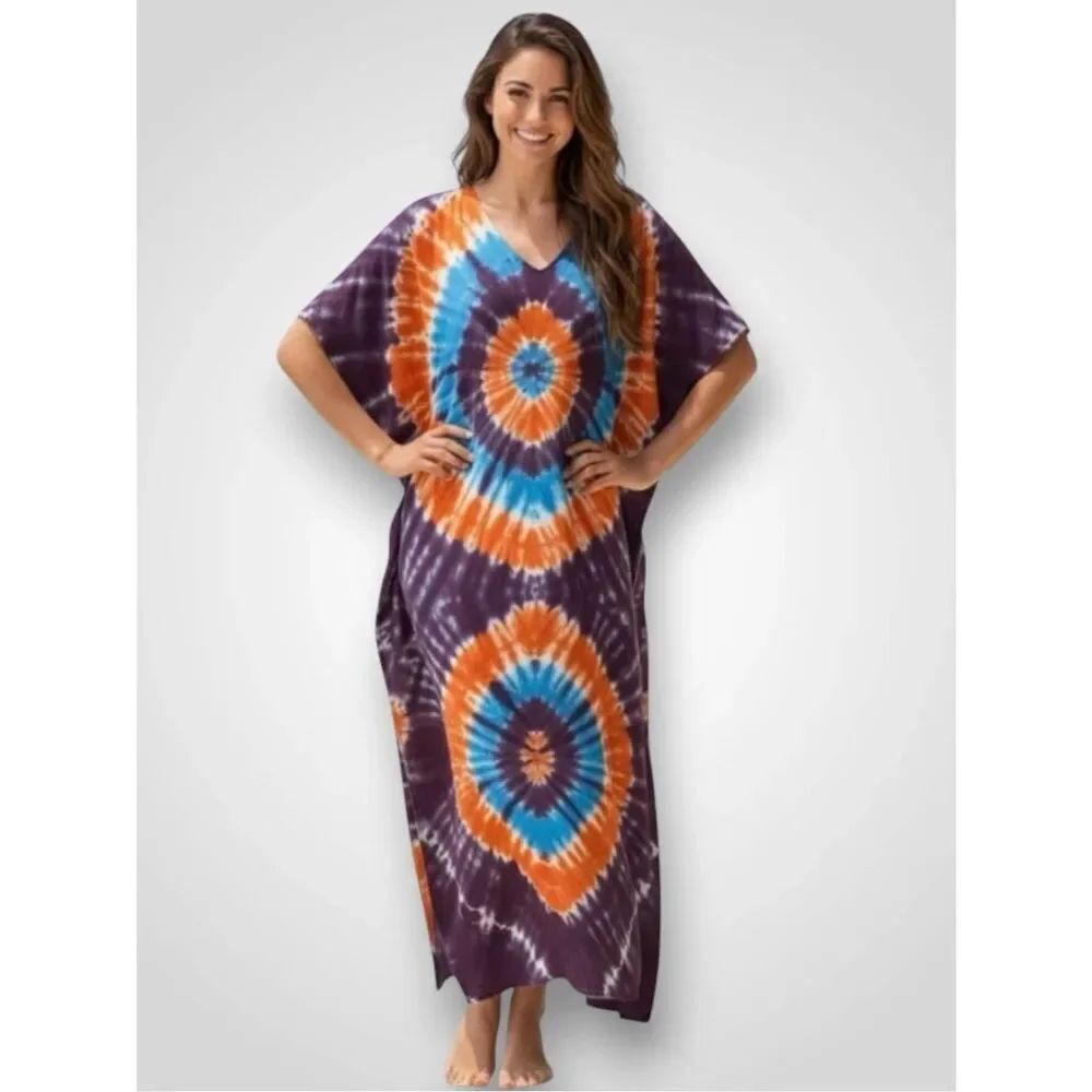 Colorful Long Kaftan Dress Plus Size Boho Resort Beach